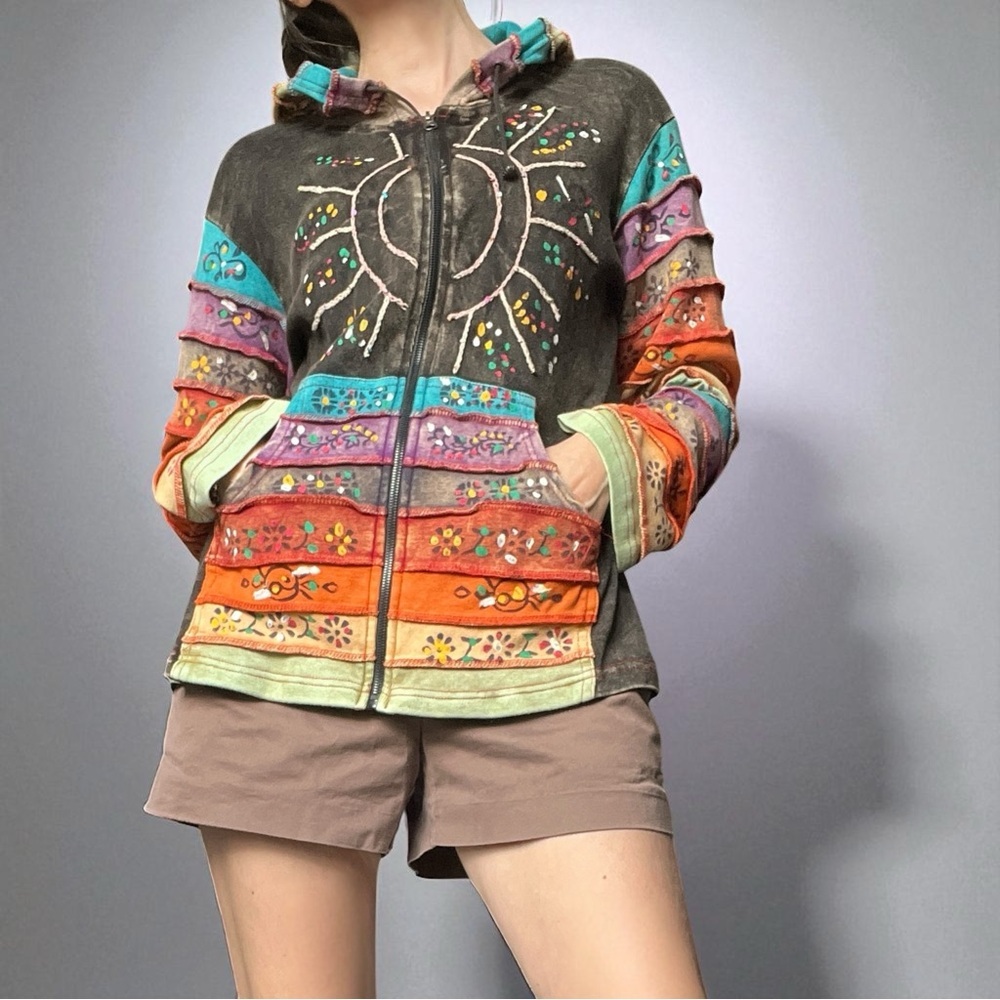 Rising International Patchwork Embroidered Zip Up… - image 1